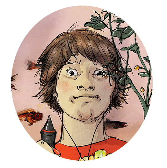 Selbstportrait Lene Kieberl illustriert, der Blick geht nervös nach rechts und links.
